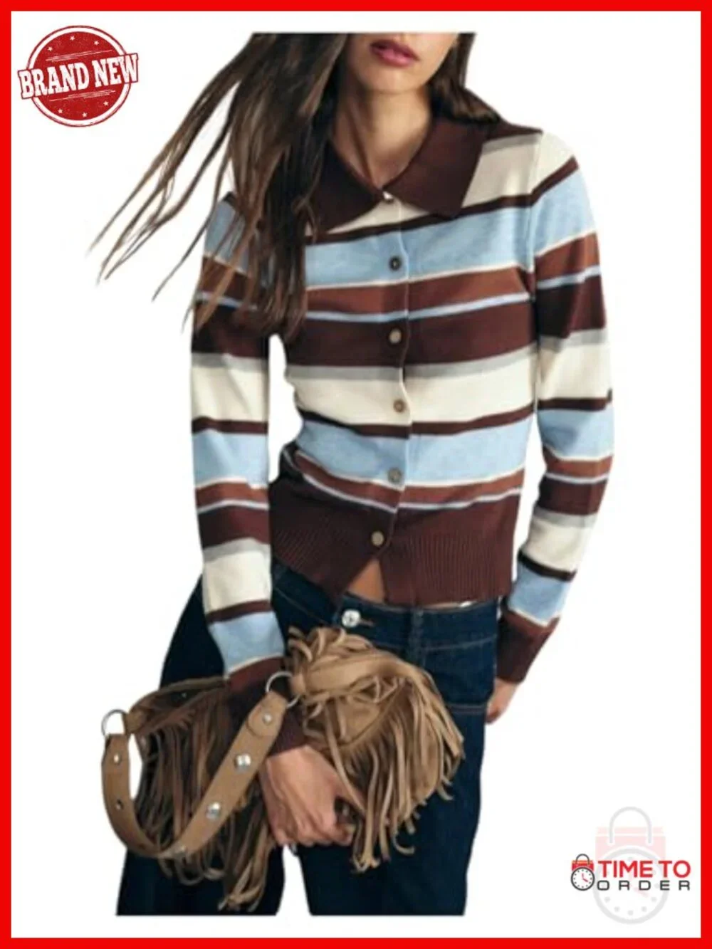 Striped Color Block Collared Button Down Long Sleeve Cardigan Sweater